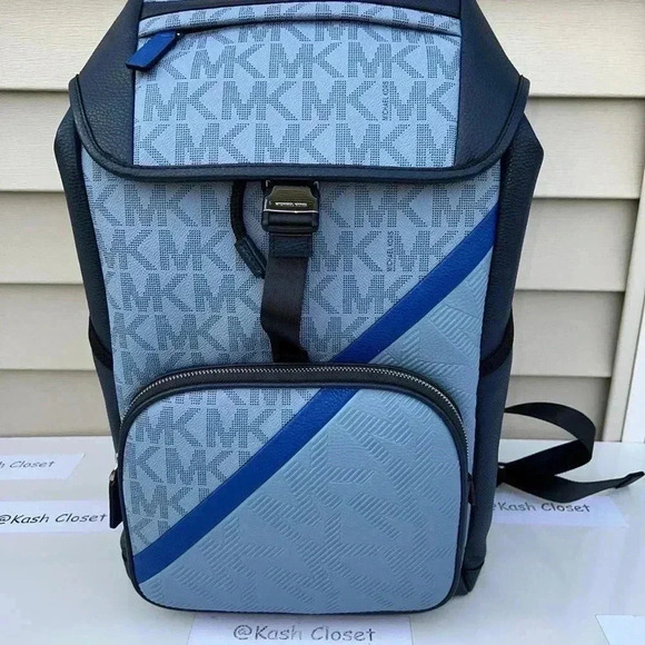 Michael Kors Mens Backpack Cooper Embossed Leather Logo Stripe Backpack Chambray - Picture 1 of 10